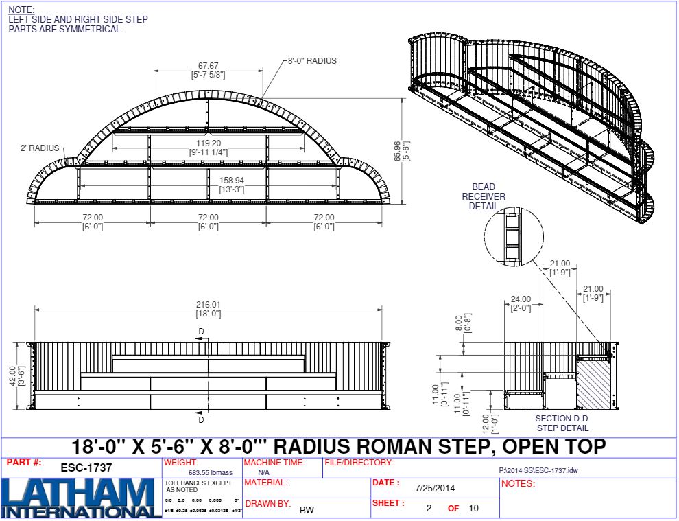 18' Wide 2' Radius Roman End (8R) Full Width Steel Step